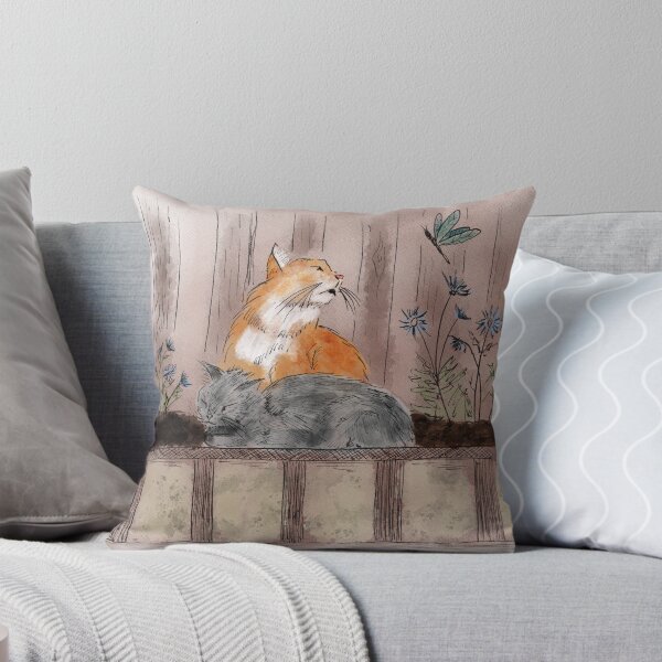 Item preview, Kitties in flowerbed - orange and grey (gray) cats sun themselves among blue flowers and a dragonfly designed and sold by Deromilly.