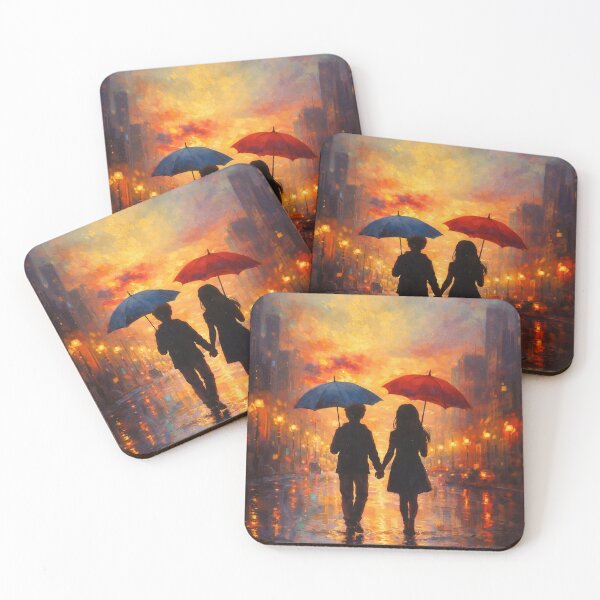 Item preview, Romantic City Walk at Sunset Couple with Umbrellas Urban Landscape Art designed and sold by Joey Santiago.