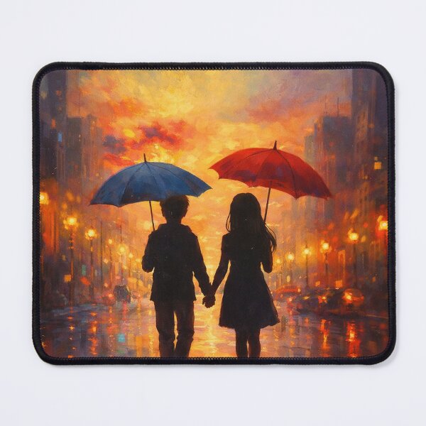 Item preview, Romantic City Walk at Sunset Couple with Umbrellas Urban Landscape Art designed and sold by Joey Santiago.