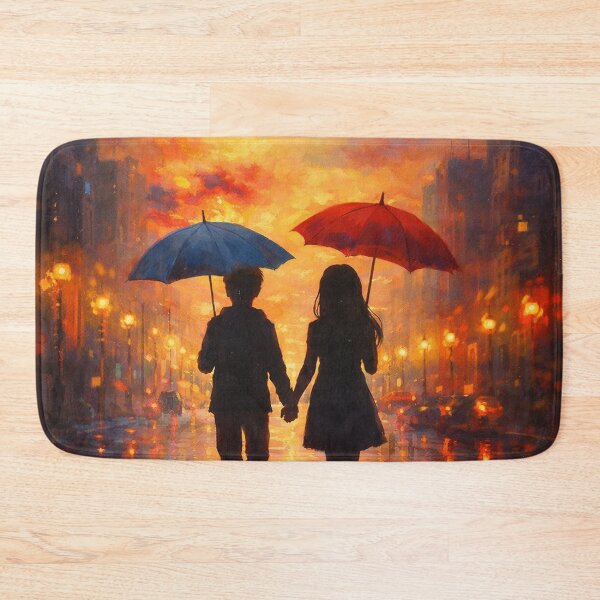 Item preview, Romantic City Walk at Sunset Couple with Umbrellas Urban Landscape Art designed and sold by Joey Santiago.