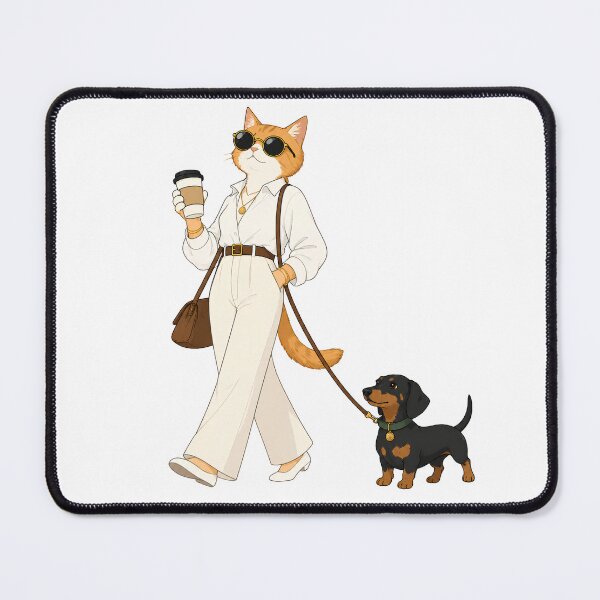 Item preview, Stylish cat with dachshund on a coffee walk designed and sold by filou designs.