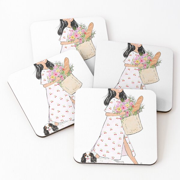 Item preview, Cozy Summer Girl Walking Dog with Flowers and Baguette designed and sold by UniqYou.