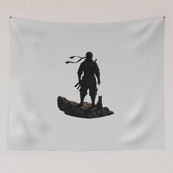 Item preview, Ninja and Cat Silhouette Standing Together on Rocky Peak Japanese Warrior Sticker Art designed and sold by Aguri-tei.
