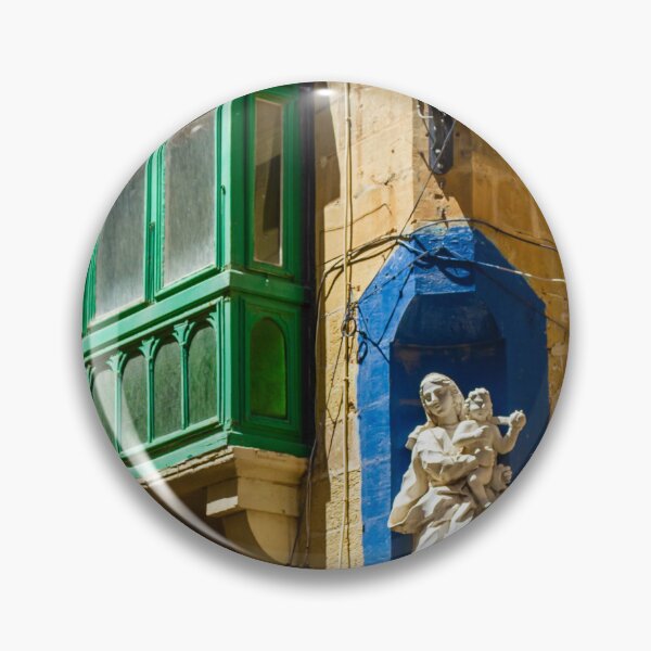 Item preview, Maltese Green Wooden Balcony With Madonna Statue in Blue Niche on Sunny Stone Facade designed and sold by Nmallia.