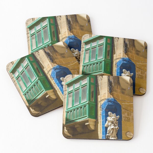 Item preview, Maltese Green Wooden Balcony With Madonna Statue in Blue Niche on Sunny Stone Facade designed and sold by Nmallia.
