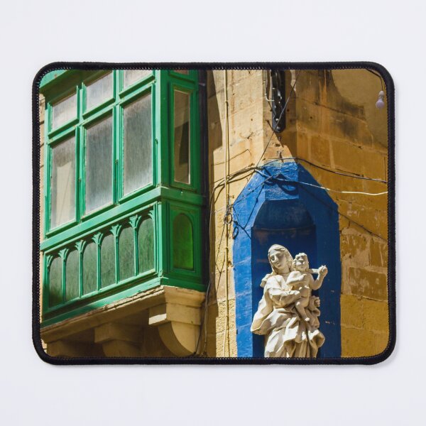 Item preview, Maltese Green Wooden Balcony With Madonna Statue in Blue Niche on Sunny Stone Facade designed and sold by Nmallia.
