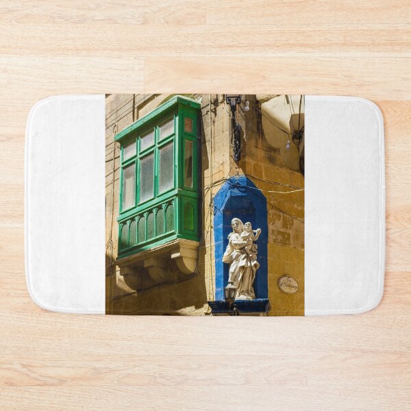 Item preview, Maltese Green Wooden Balcony With Madonna Statue in Blue Niche on Sunny Stone Facade designed and sold by Nmallia.
