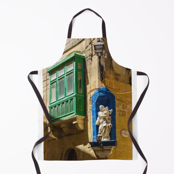 Item preview, Maltese Green Wooden Balcony With Madonna Statue in Blue Niche on Sunny Stone Facade designed and sold by Nmallia.