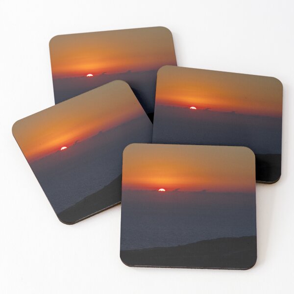 Item preview, Dramatic Orange Sunset Over Calm Ocean Horizon With Silhouetted Coastal Landscape At Dusk designed and sold by Nmallia.