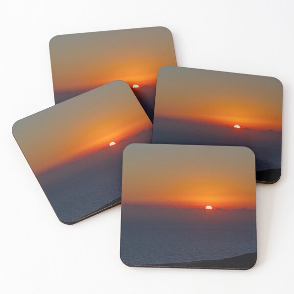 Item preview, Dramatic Orange Sunset Over Calm Ocean Horizon With Silhouetted Coastal Landscape At Dusk designed and sold by Nmallia.