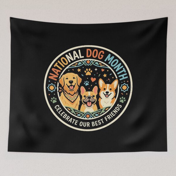 Item preview, National Dog Month - Cute Golden Retriever Corgi Frenchie Retro Badge designed and sold by InkImagination1.