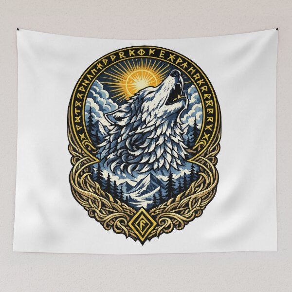 Artikelvorschau, Fenrir Wolf Viking Rune Symbol | Norse Mythology Howling Wolf Nordic Art entworfen und verkauft von Daagath.
