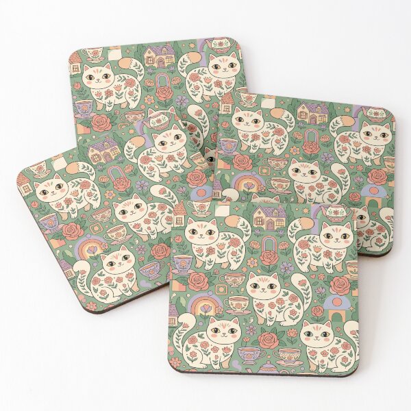 Item preview, Cute Cottagecore Tea Garden Cats Folk Art Seamless Pattern designed and sold by Iampoji.