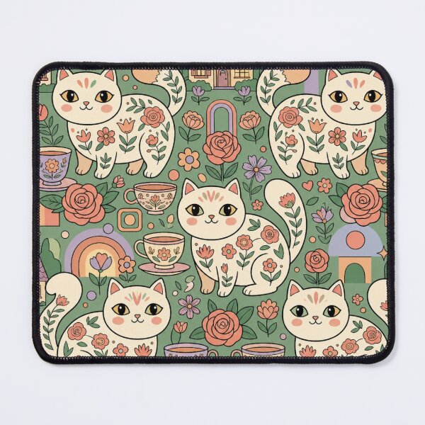 Item preview, Cute Cottagecore Tea Garden Cats Folk Art Seamless Pattern designed and sold by Iampoji.