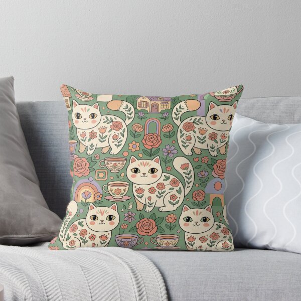 Item preview, Cute Cottagecore Tea Garden Cats Folk Art Seamless Pattern designed and sold by Iampoji.
