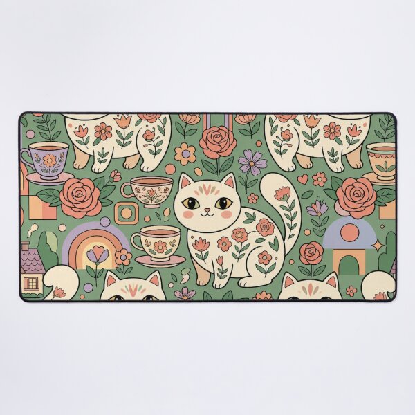 Item preview, Cute Cottagecore Tea Garden Cats Folk Art Seamless Pattern designed and sold by Iampoji.