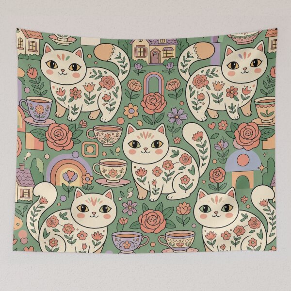Item preview, Cute Cottagecore Tea Garden Cats Folk Art Seamless Pattern designed and sold by Iampoji.