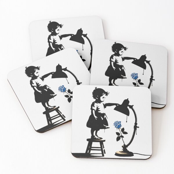 Item preview, Banksy child playing with a lamp and shining it on a blue rose designed and sold by 123ks.