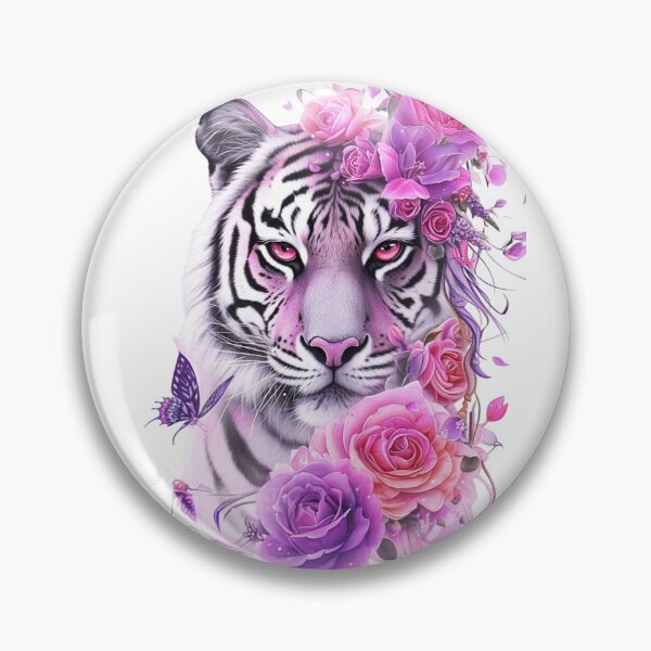 Item preview, White Tiger with Pink Roses and Butterflies Floral Fantasy Design designed and sold by INKRebelGraphic.