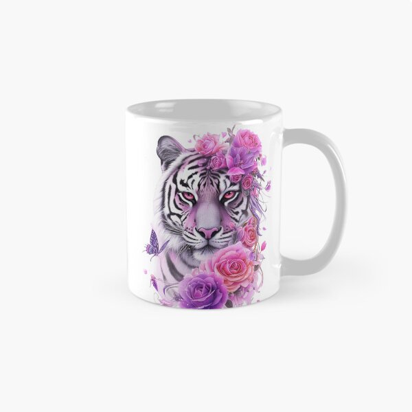 Item preview, White Tiger with Pink Roses and Butterflies Floral Fantasy Design designed and sold by INKRebelGraphic.