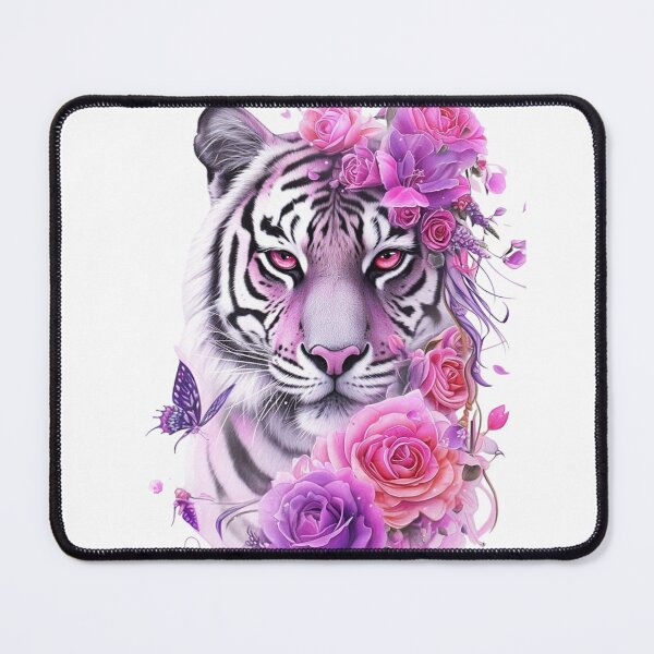 Item preview, White Tiger with Pink Roses and Butterflies Floral Fantasy Design designed and sold by INKRebelGraphic.