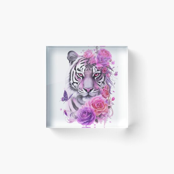 Item preview, White Tiger with Pink Roses and Butterflies Floral Fantasy Design designed and sold by INKRebelGraphic.