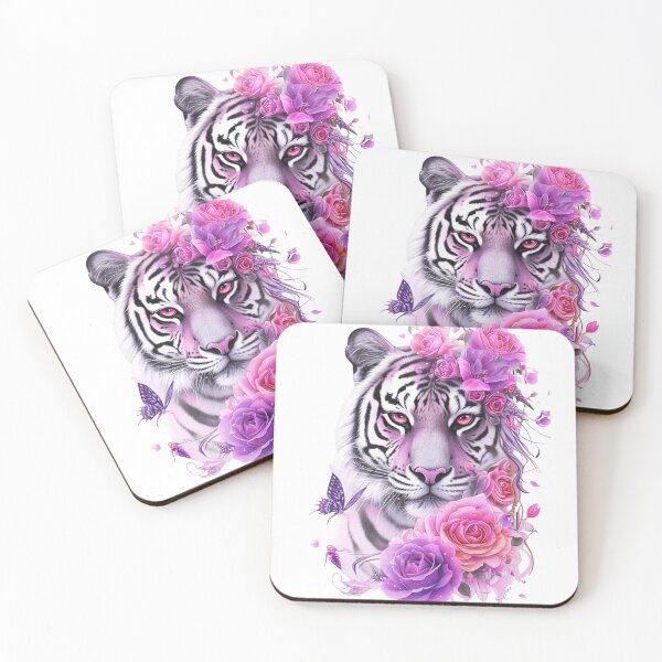 Item preview, White Tiger with Pink Roses and Butterflies Floral Fantasy Design designed and sold by INKRebelGraphic.
