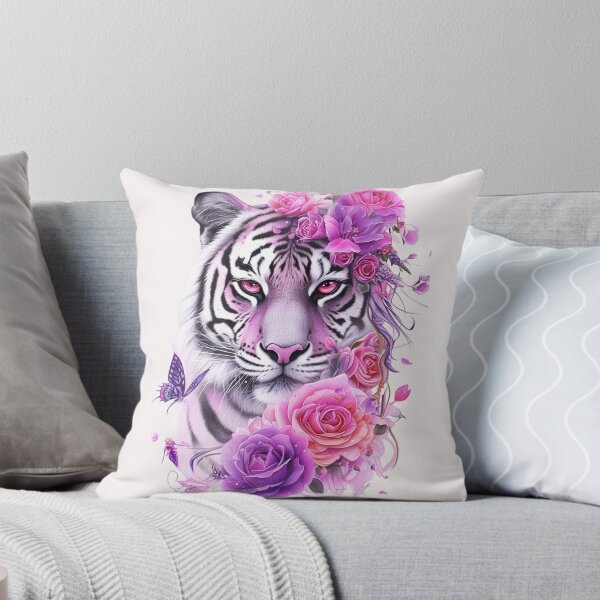 Item preview, White Tiger with Pink Roses and Butterflies Floral Fantasy Design designed and sold by INKRebelGraphic.