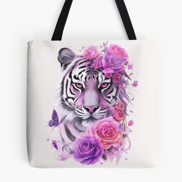 Item preview, White Tiger with Pink Roses and Butterflies Floral Fantasy Design designed and sold by INKRebelGraphic.