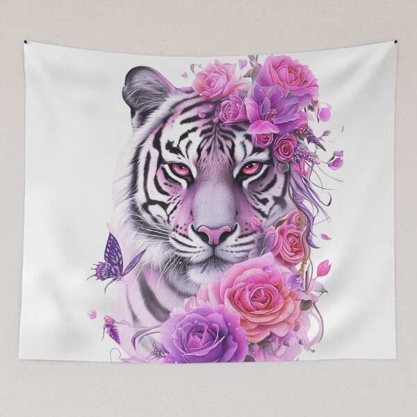 Item preview, White Tiger with Pink Roses and Butterflies Floral Fantasy Design designed and sold by INKRebelGraphic.