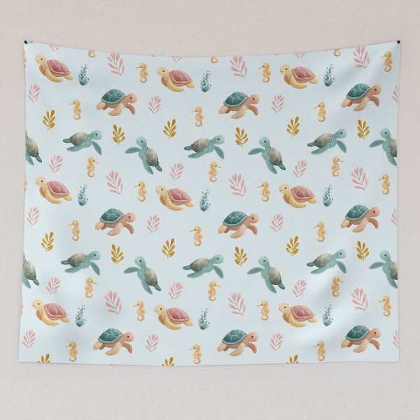 Item preview, Seamless pattern with cute turtles and seahorses - pastel print with ocean animals for children's decor designed and sold by ArtFairy38.