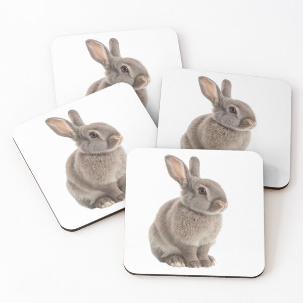 Item preview, Gentle gray domestic rabbit sits quietly, showcasing its soft fur and relaxed demeanor. It appears peacefully in a well-lit, neutral background, inviting a sense of calmness. designed and sold by MiraCleAI.