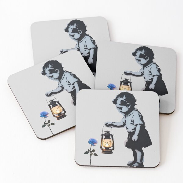 Item preview, Banksy sillouhete of a child playing with a lamp and shining it on a blue rose designed and sold by 123ks.