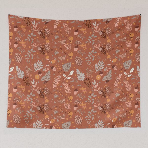 Item preview, Leaf pattern design with nature elements on a terracotta brown background designed and sold by MiraCleAI.