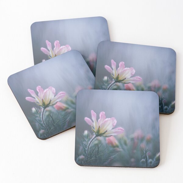 Item preview, Delicate pink flowers blossom amidst a gentle morning mist in a tranquil meadow designed and sold by MiraCleAI.