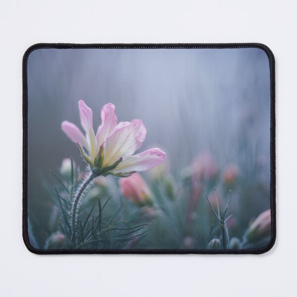 Item preview, Delicate pink flowers blossom amidst a gentle morning mist in a tranquil meadow designed and sold by MiraCleAI.
