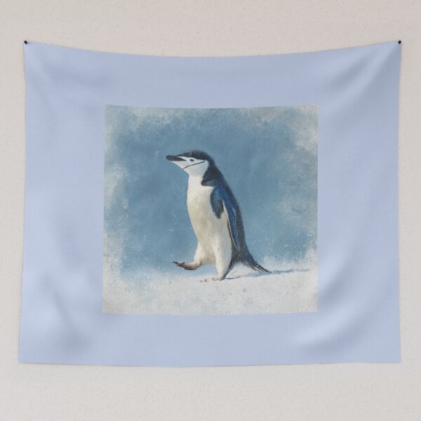 Item preview, Penguin walking across a snowy landscape with blue background designed and sold by Sasas Design.