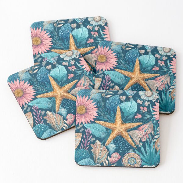 Item preview, Coastal Starfish Seashells Coral Reef Floral Navy designed and sold by Patterns & Love .