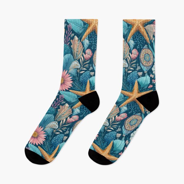 Item preview, Coastal Starfish Seashells Coral Reef Floral Navy designed and sold by Patterns & Love .