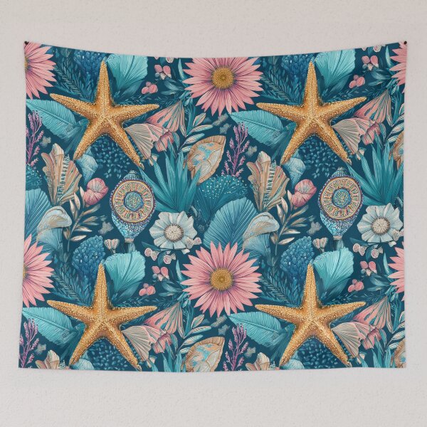 Item preview, Coastal Starfish Seashells Coral Reef Floral Navy designed and sold by Patterns & Love .