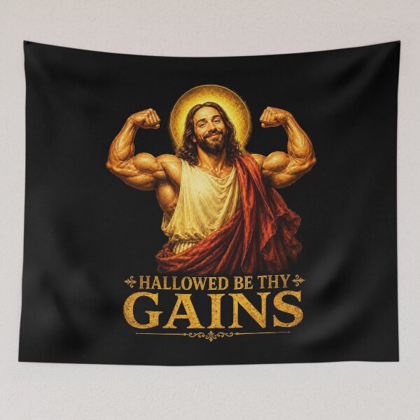 Item preview, Hallowed Be Thy Gains Holy Gym Humor designed and sold by Victor Shadehorn.