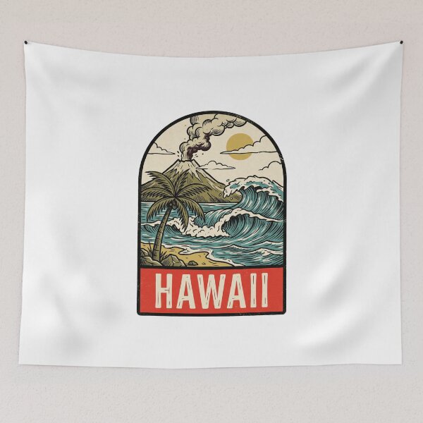 Item preview, Retro Hawaii Tropical Volcano Wave Vintage Travel Badge designed and sold by Paper Drip.