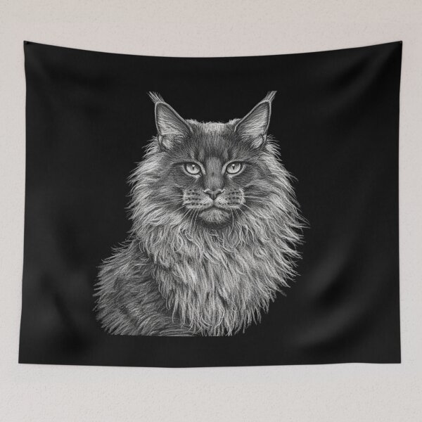 Item preview, Maine Coon Sketch Portrait - Elegant White Chalk Cat Art designed and sold by Exquisite Design Studio „Paculówka”.
