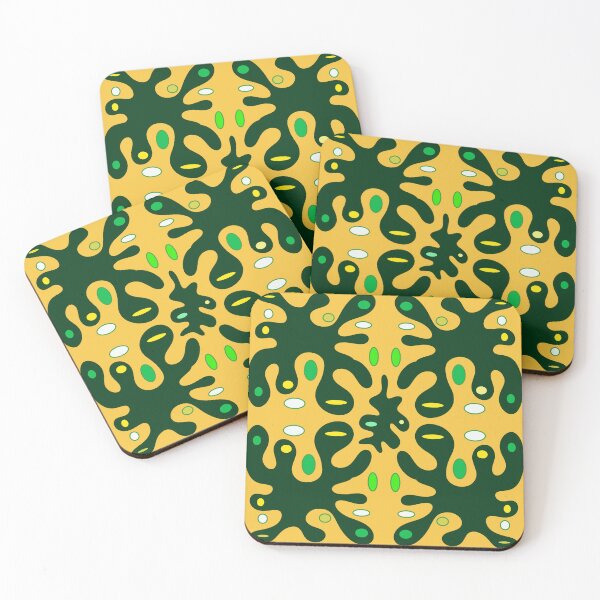 Item preview, Dark green squiggle polygons on a yellow background with irregular green and white dogs and ovals designed and sold by RAHKELROYSUM.