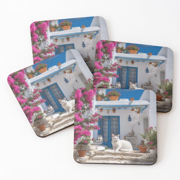 Item preview, Greece Cats on Sunny Terrace with Blue Windows and Flowers designed and sold by UmSkelig834.