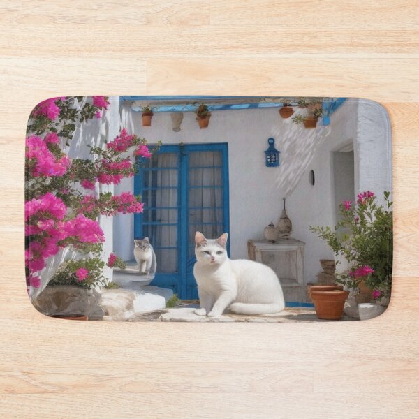 Item preview, Greece Cats on Sunny Terrace with Blue Windows and Flowers designed and sold by UmSkelig834.