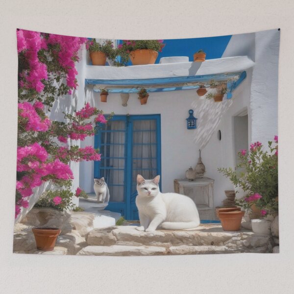 Item preview, Greece Cats on Sunny Terrace with Blue Windows and Flowers designed and sold by UmSkelig834.