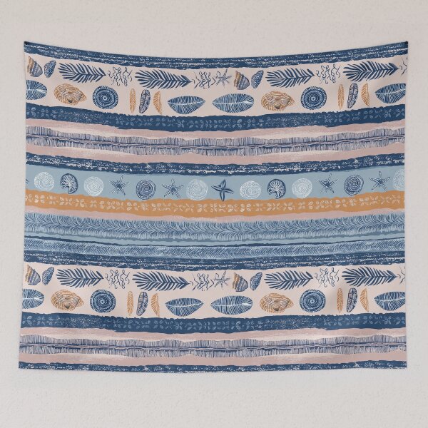 Item preview, Coastal Grandmother Block Print Stripe Seashells Starfish Navy designed and sold by Patterns & Love .