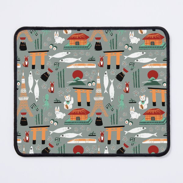 Item preview, Traveling through Japan, rabbits, torii gates, sushi, fish, deer, temples, octopus, 7-11 shops, lucky cats, bullet train in red, orange and greens on grey designed and sold by katerosestudios.