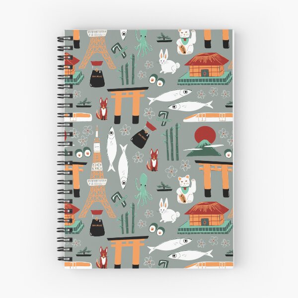 Item preview, Traveling through Japan, rabbits, torii gates, sushi, fish, deer, temples, octopus, 7-11 shops, lucky cats, bullet train in red, orange and greens on grey designed and sold by katerosestudios.